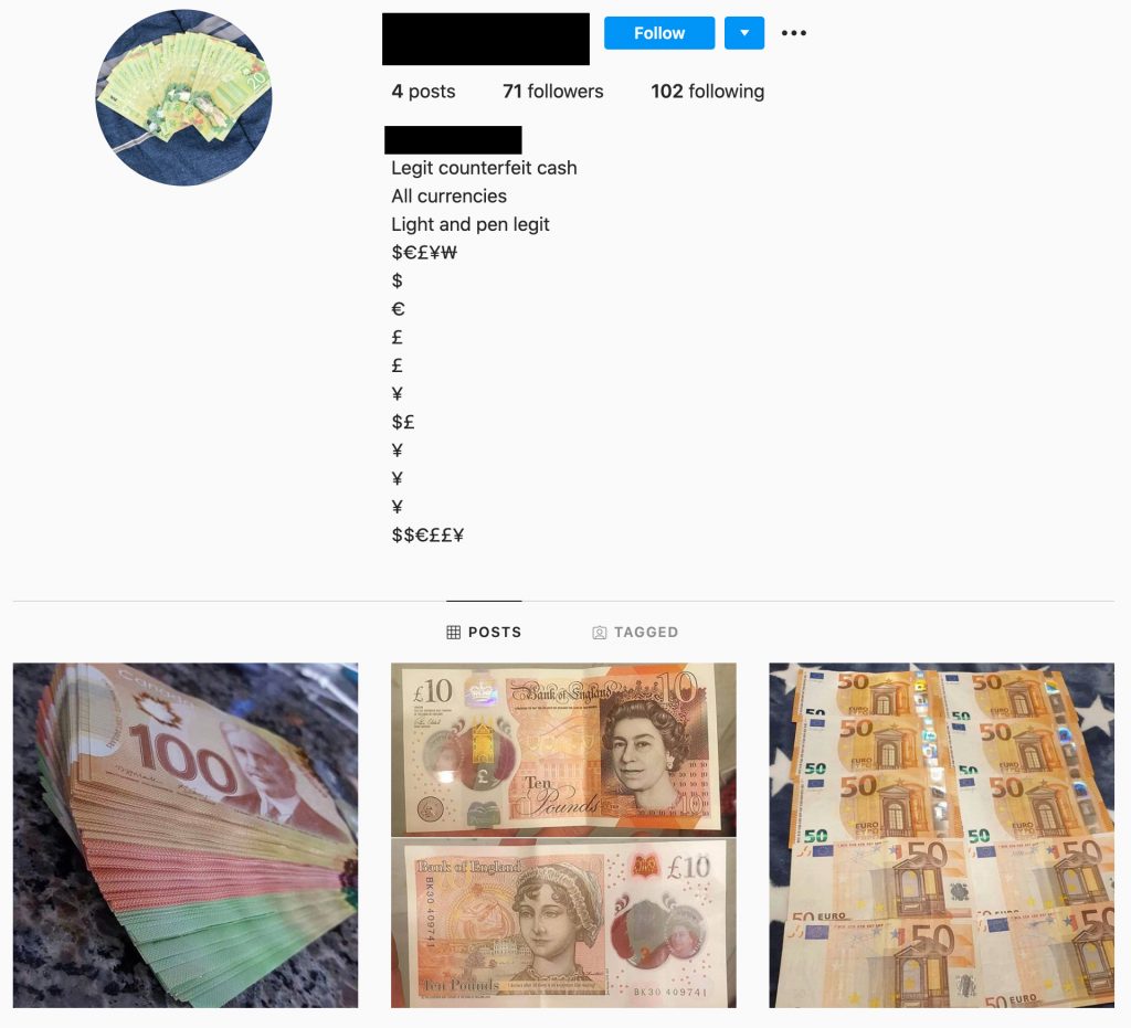 fake cash seller on instagram