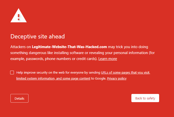 Google Chrome deceptive site ahead warning message